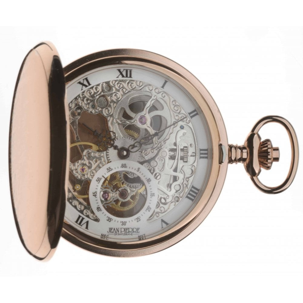 Rose Gold Plated Double Hunter Skeleton Mechanical Pocket Watch