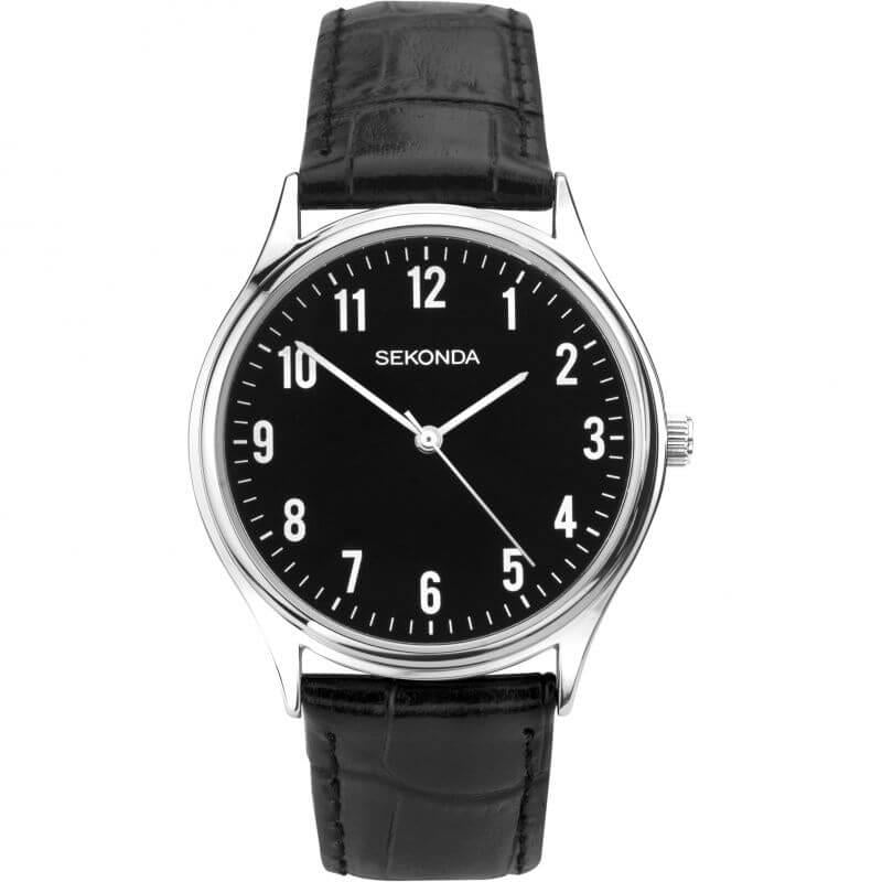 Black Dial SS Case With Black Leather Strap Watch
