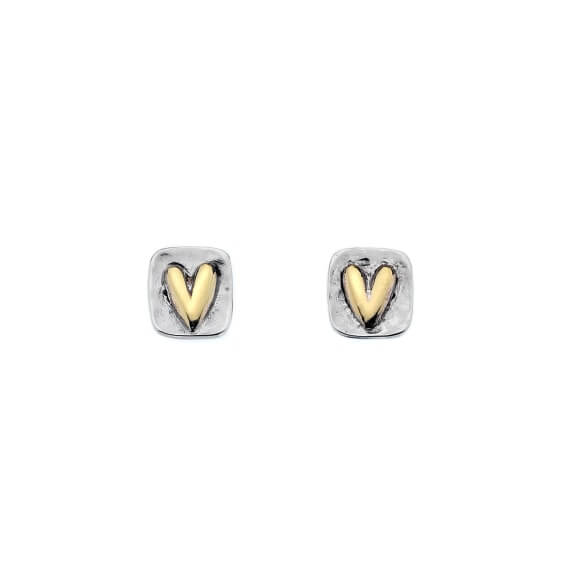 Origins Brass Heart In Hammered Rectangle Stud Earrings