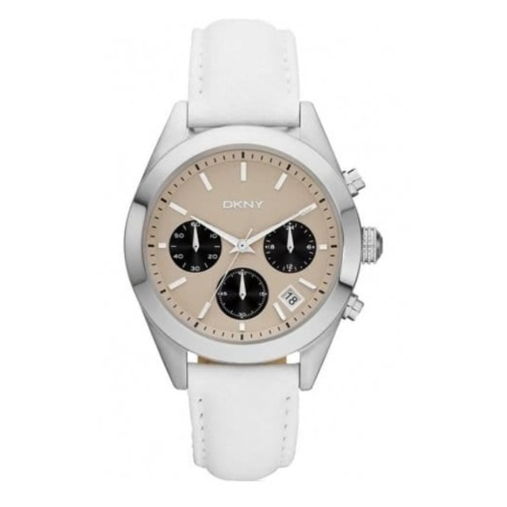 Ladies Beige Chronograph Dial White Leather Watch