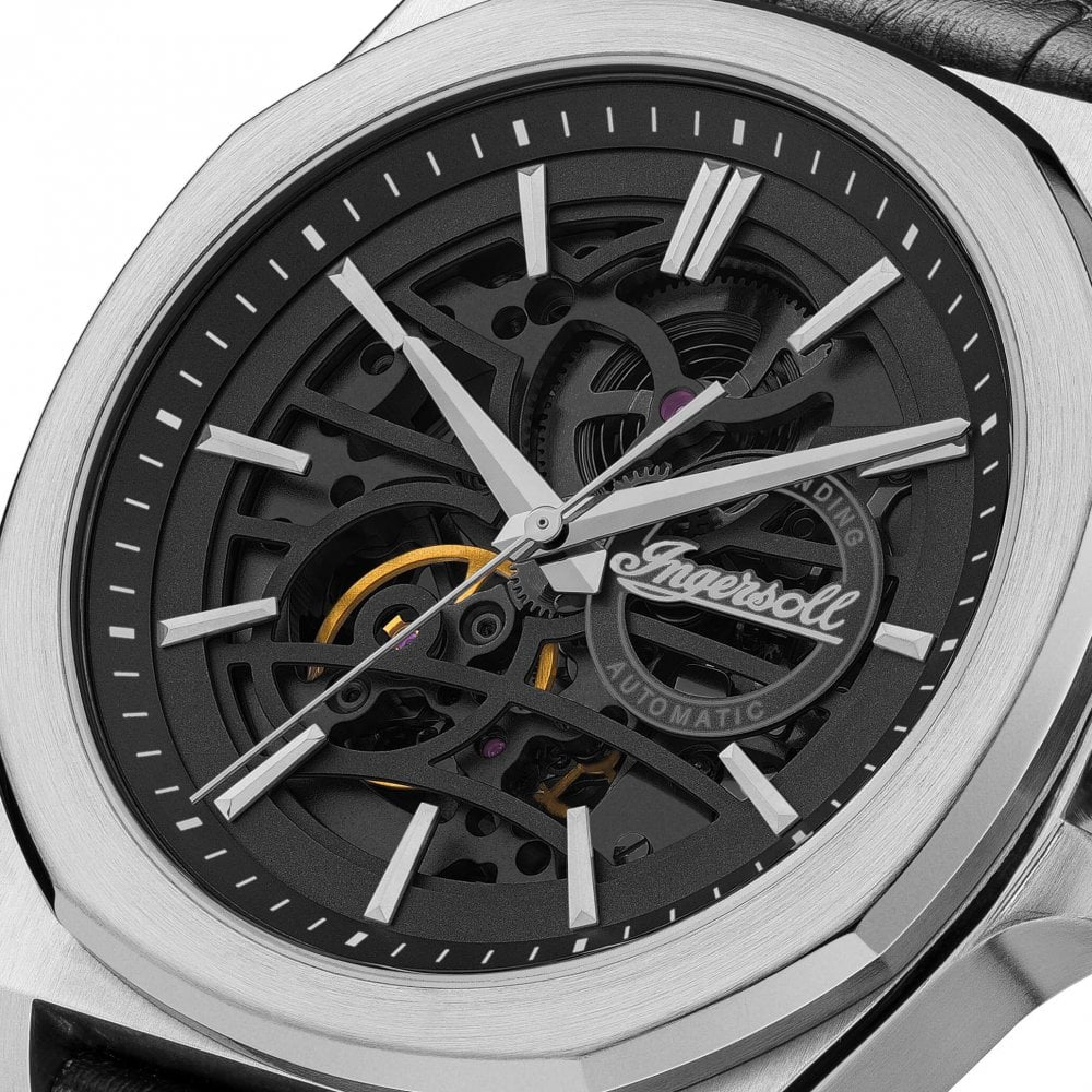 Mens The Orville Automatic Watch with Black Skeleton Dial and Black Leather Strap