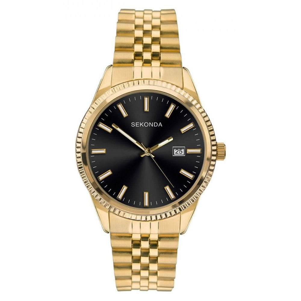 Gold Tone Case, Black Sunray Dial With Date Window & Gold Tone Bracelet Strap Gents Watch