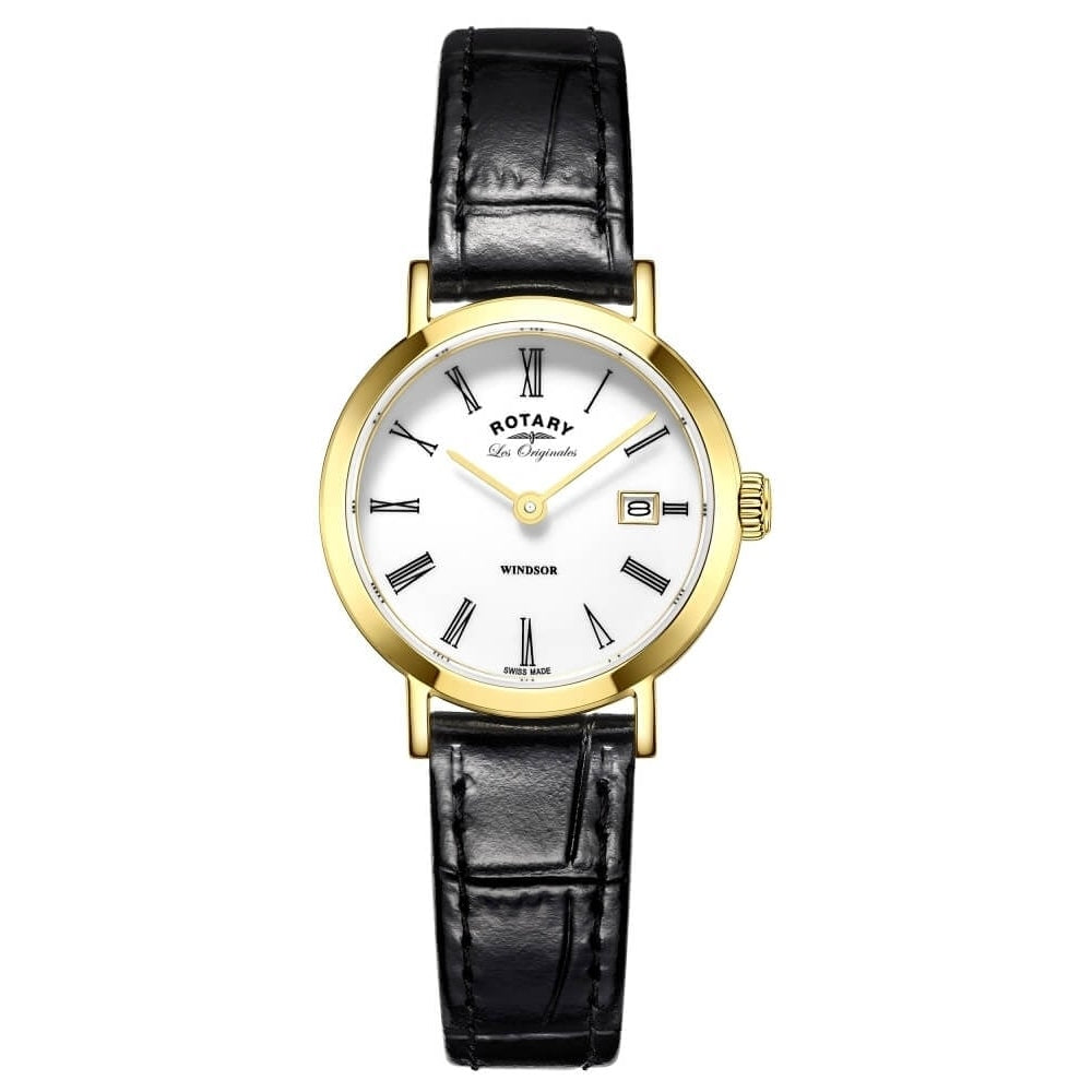 Ladies Gold Plated Black Leather Watch