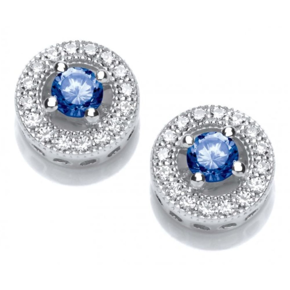 Silver Raised Solitaire CZ Tanzanite Surround Earrings