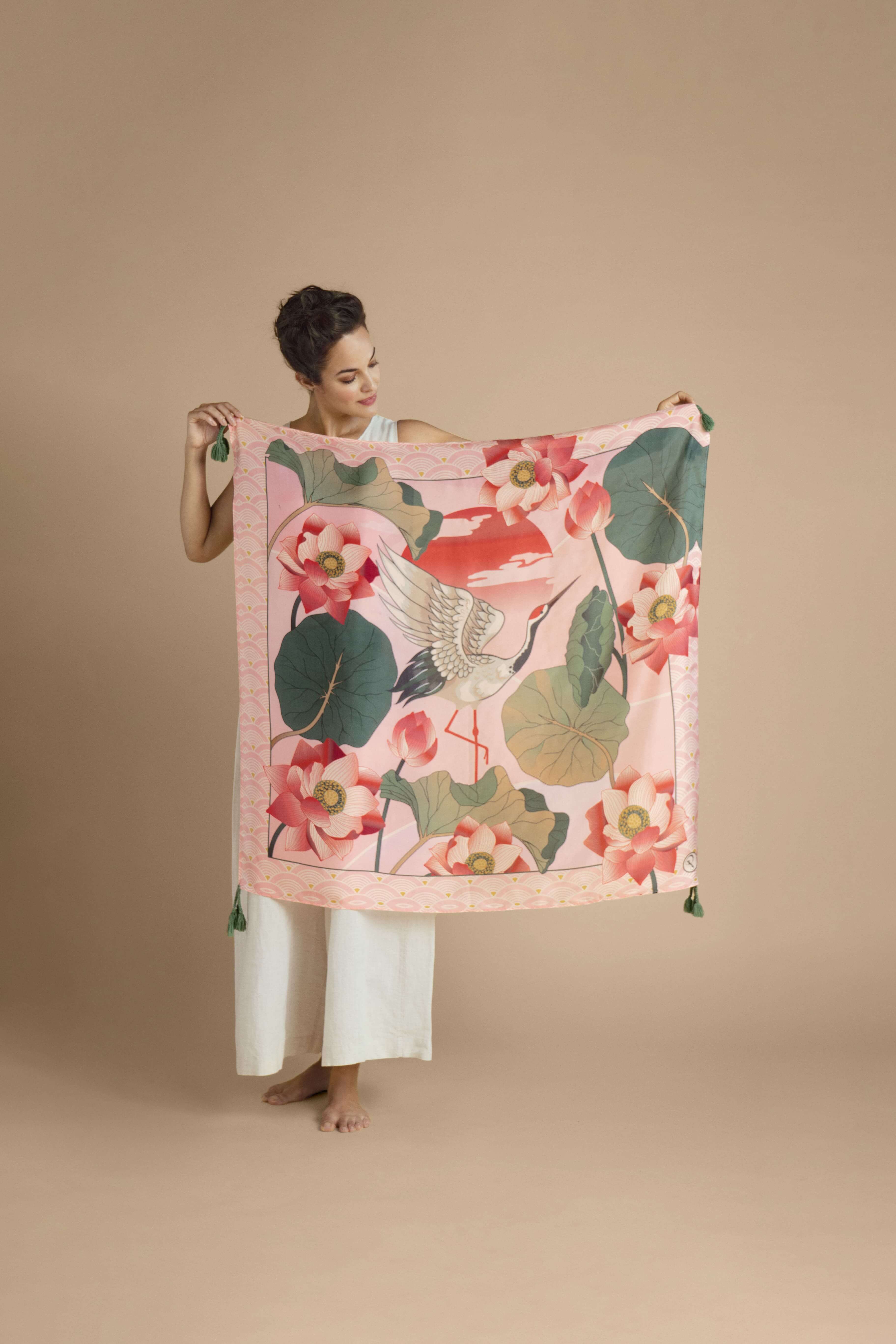 Crane at Sunrise Silk Scarf - Petal