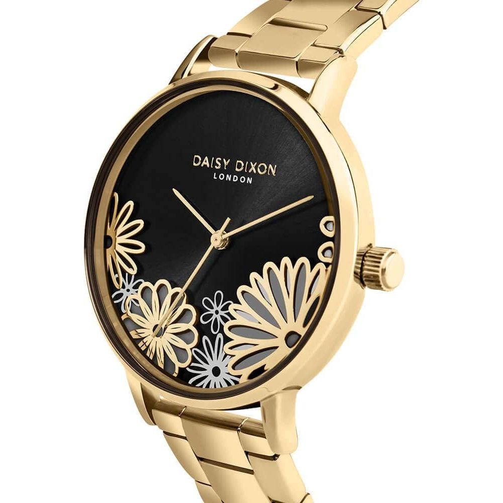 Gold Bracelet With Black & Gold Flower Printed Dial Ladies Watch