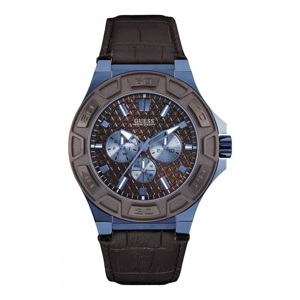 Gents Blue Circle Stainless Steel Dial Brown Strap Watch