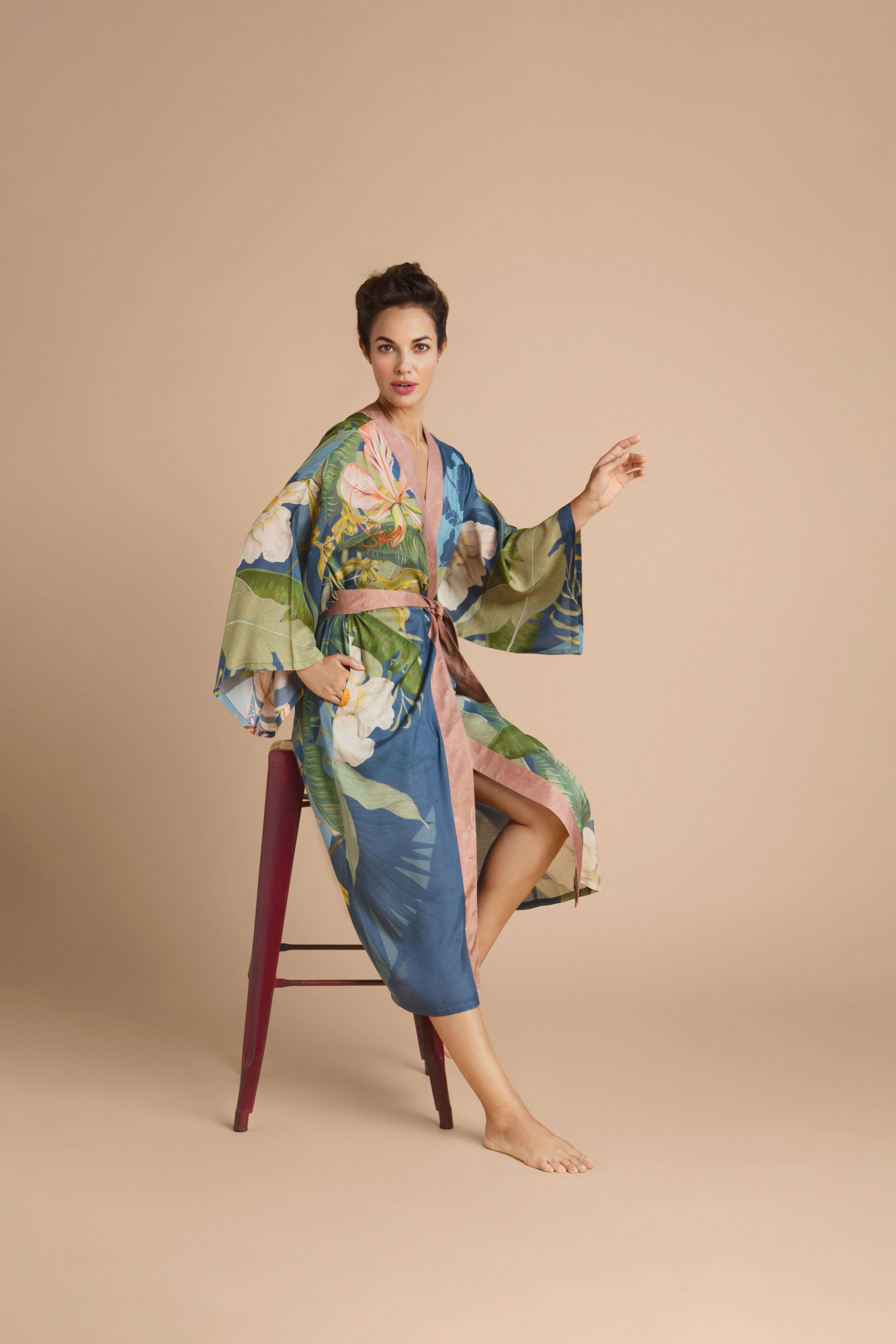 Delicate Tropics Kimono Gown - Indigo