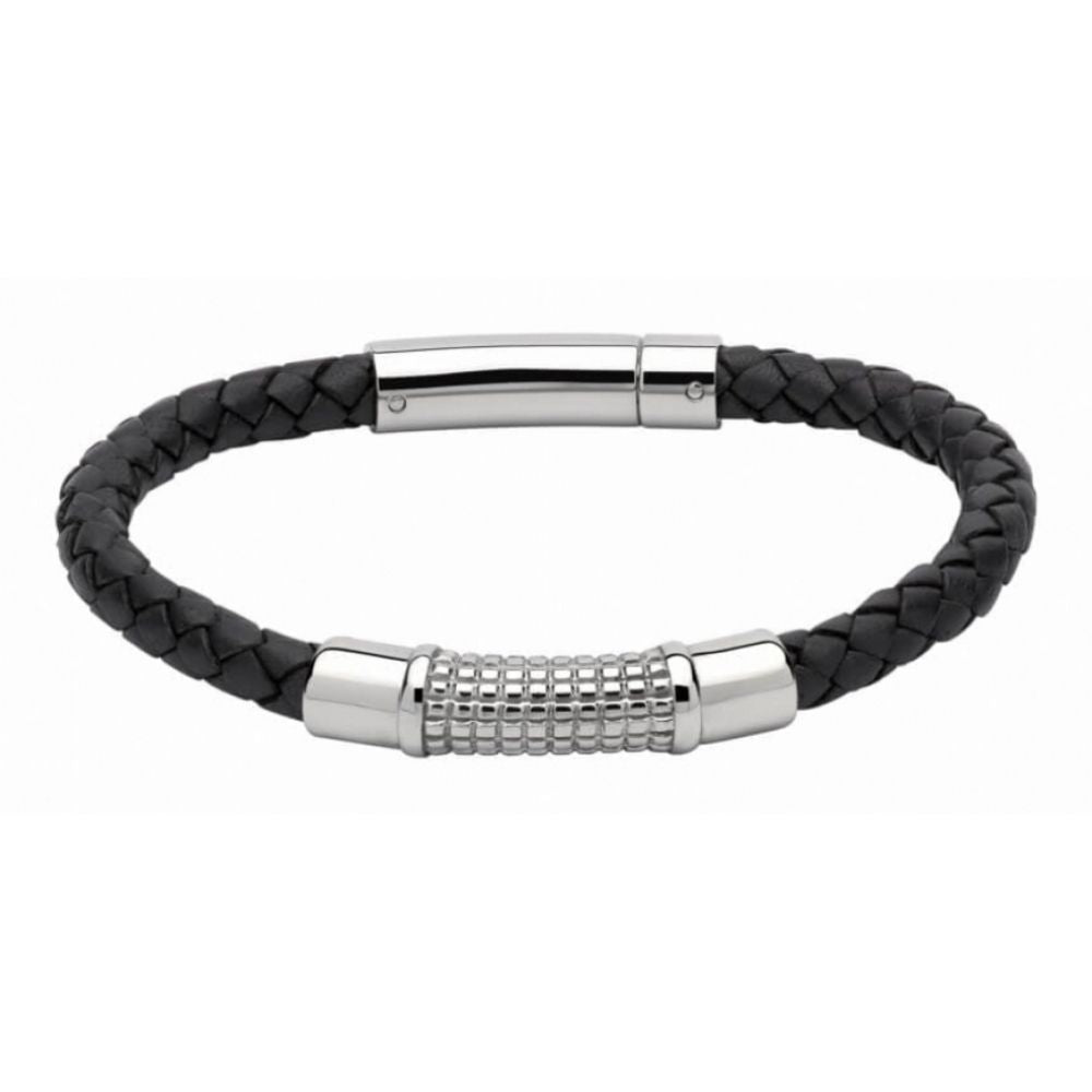 Navy Blue Leather Bracelet With Steel Element & Steel Clasp