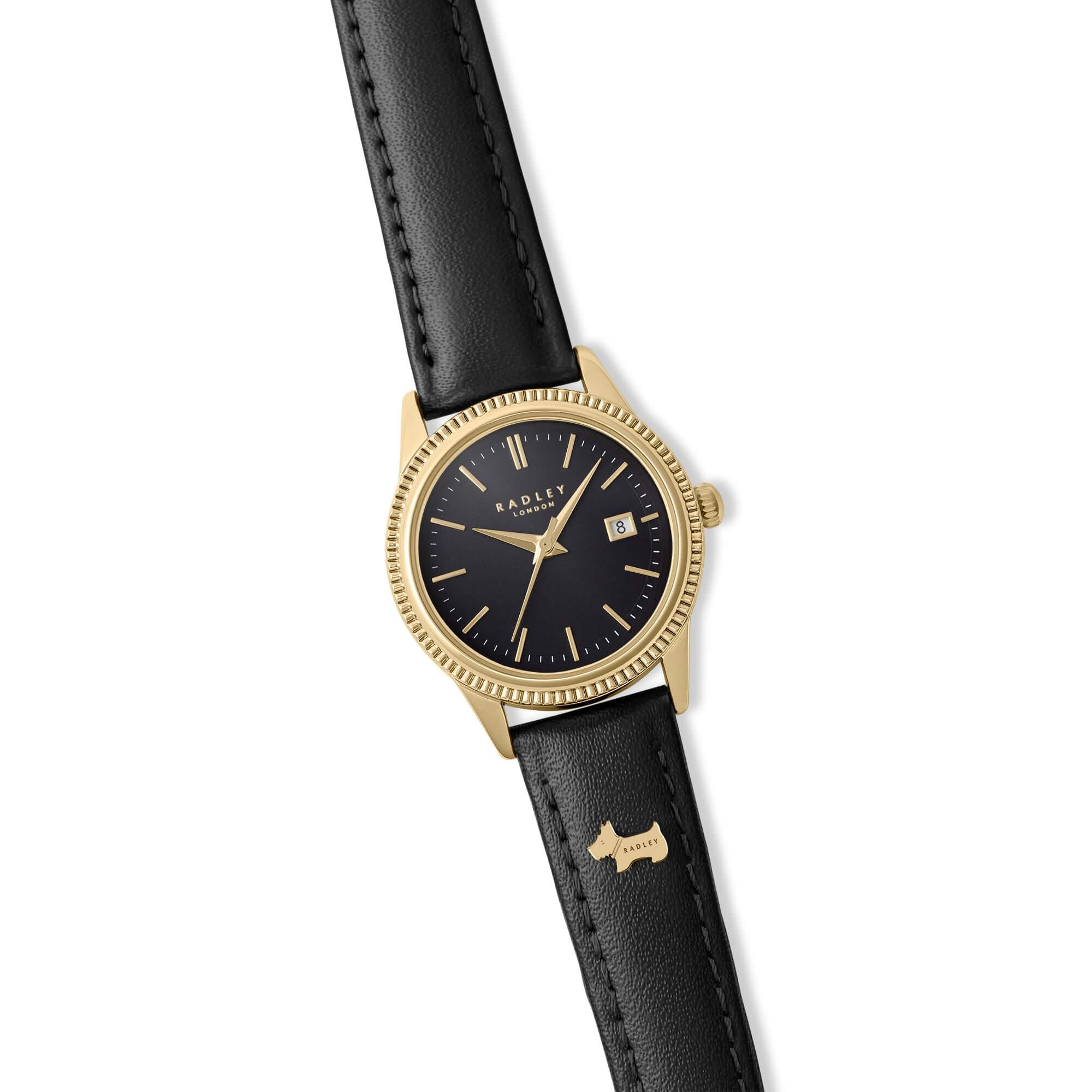 Gold Plated Dial With Black Leather Strap Watch