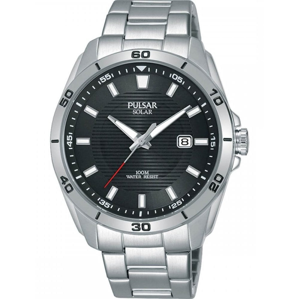 Stainless Steel Case & Black Date Window Dial With Steel Bracelet Strap, Solar Powered Gents Watch