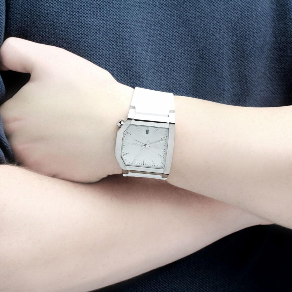 Stainless Steel White Dial & White Leather Strap Dice Edge Gents Watch