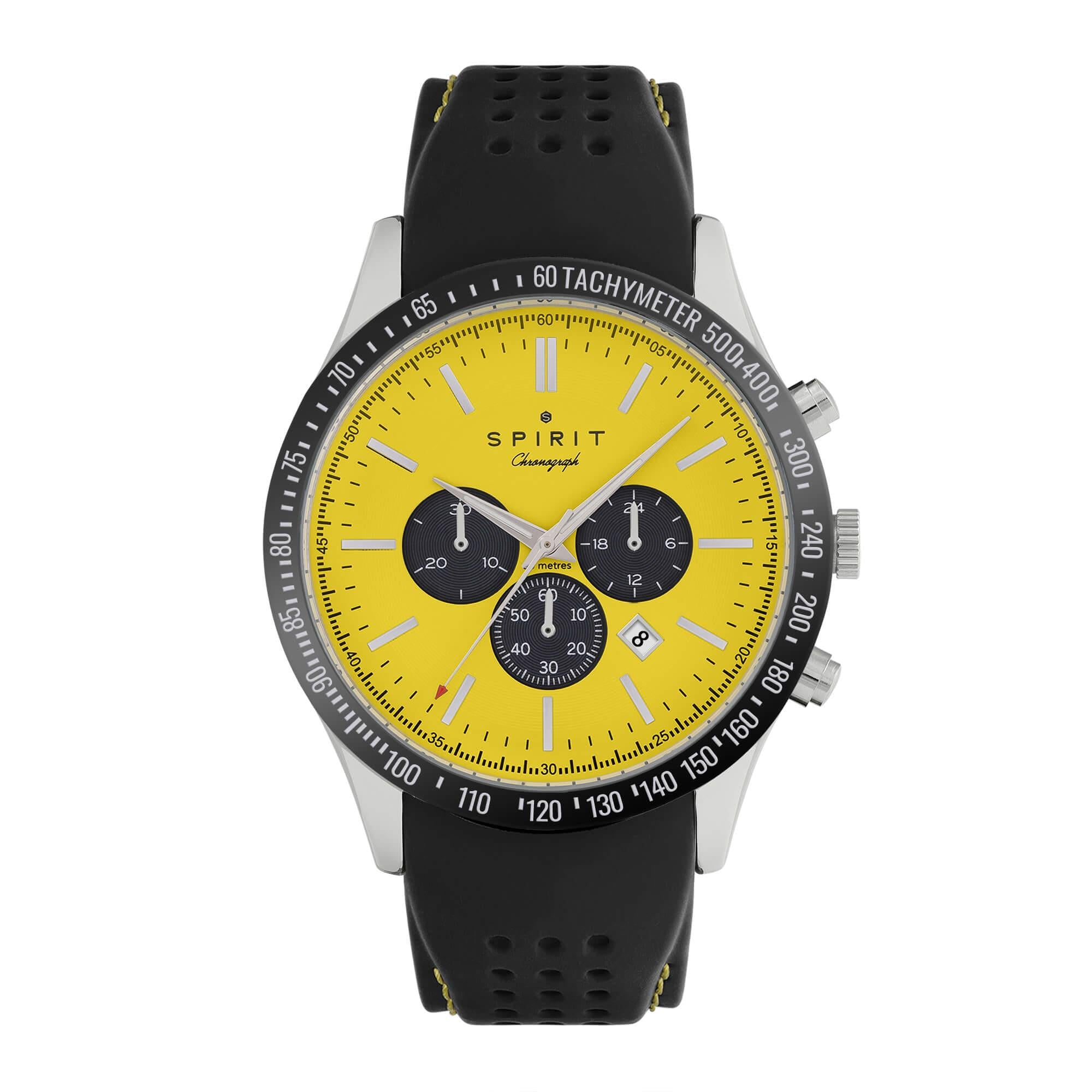 Tachymeter Polished Silver Silicone Watch in Black