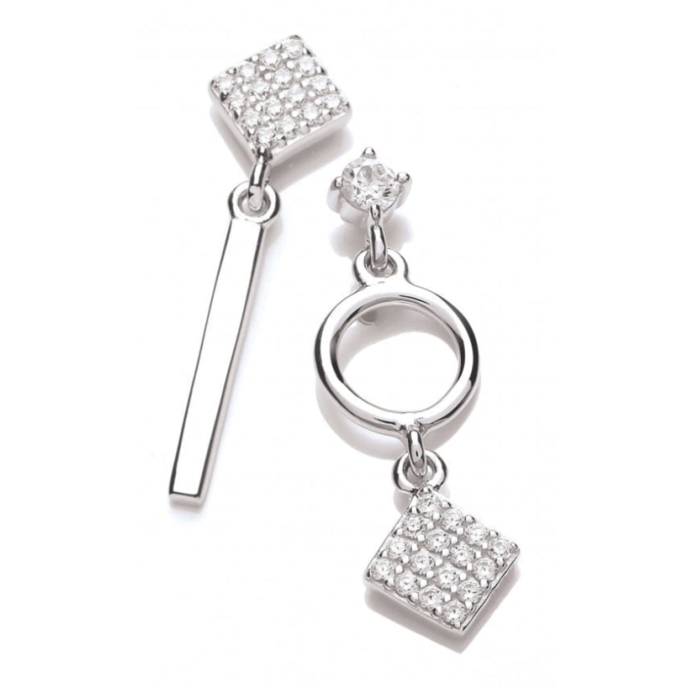 Silver CZ Mismatch Square Drop Earrings