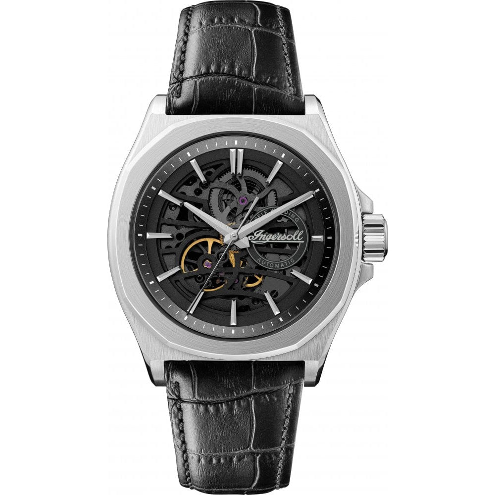 Mens The Orville Automatic Watch with Black Skeleton Dial and Black Leather Strap