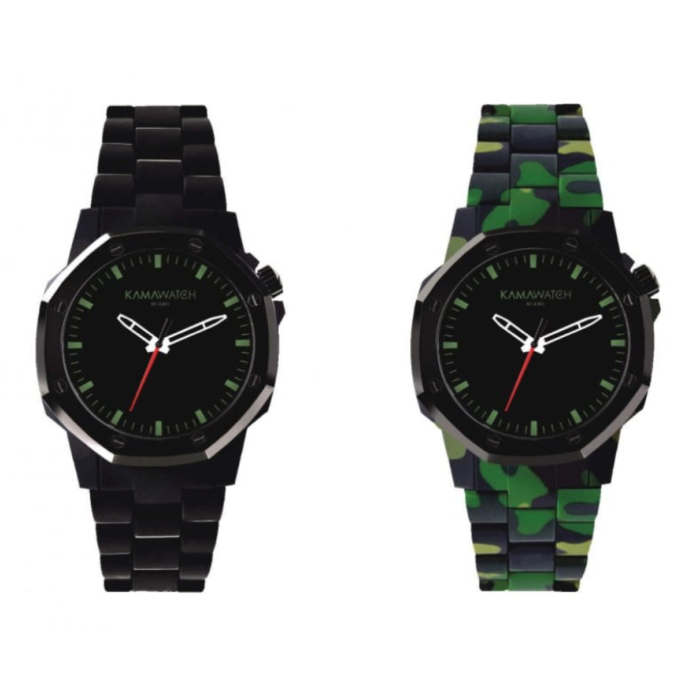 Castell Forest Black & Green Camouflage Print Strap Wristwatch