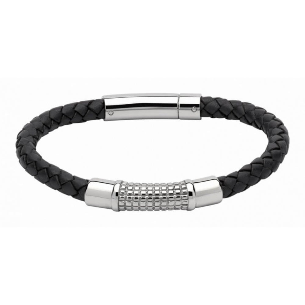 Navy Blue Leather Bracelet With Steel Element & Steel Clasp