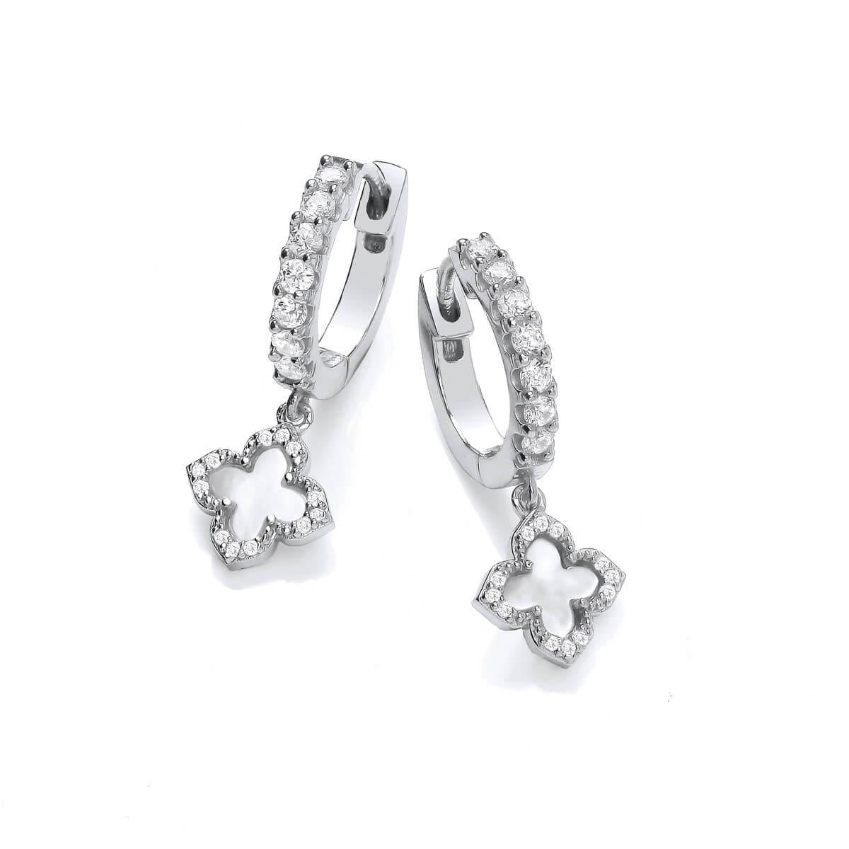 Silver & White Mother of Pearl Clover Leaf Huggie Earrings