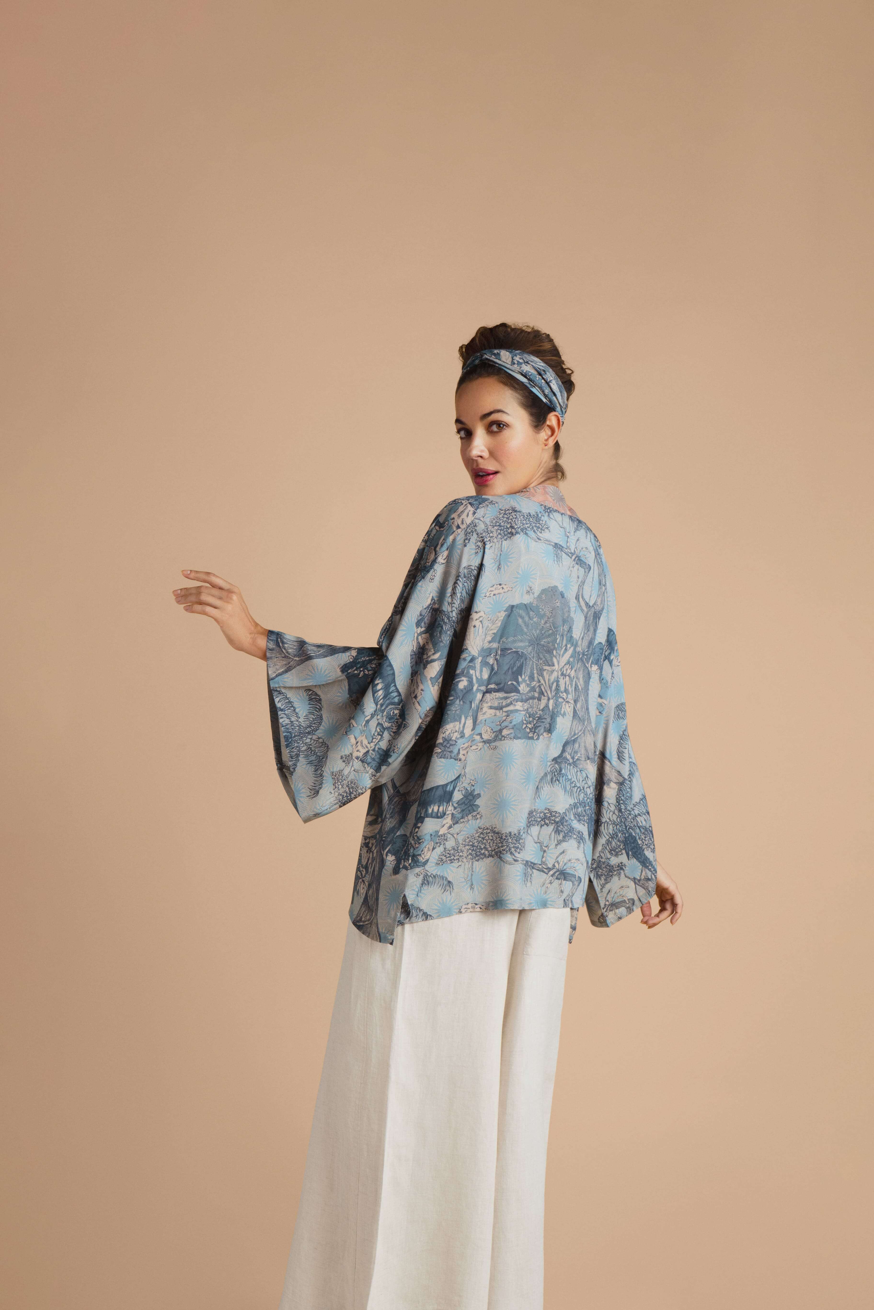 Tropical Toile Kimono Jacket - Denim & Petal