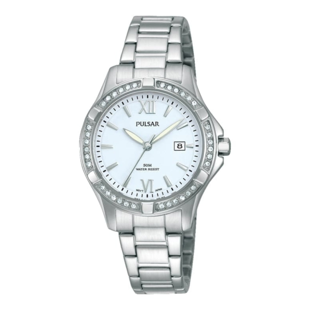 Womens Stainless Steel Chrome Crystal Bracelet Watch