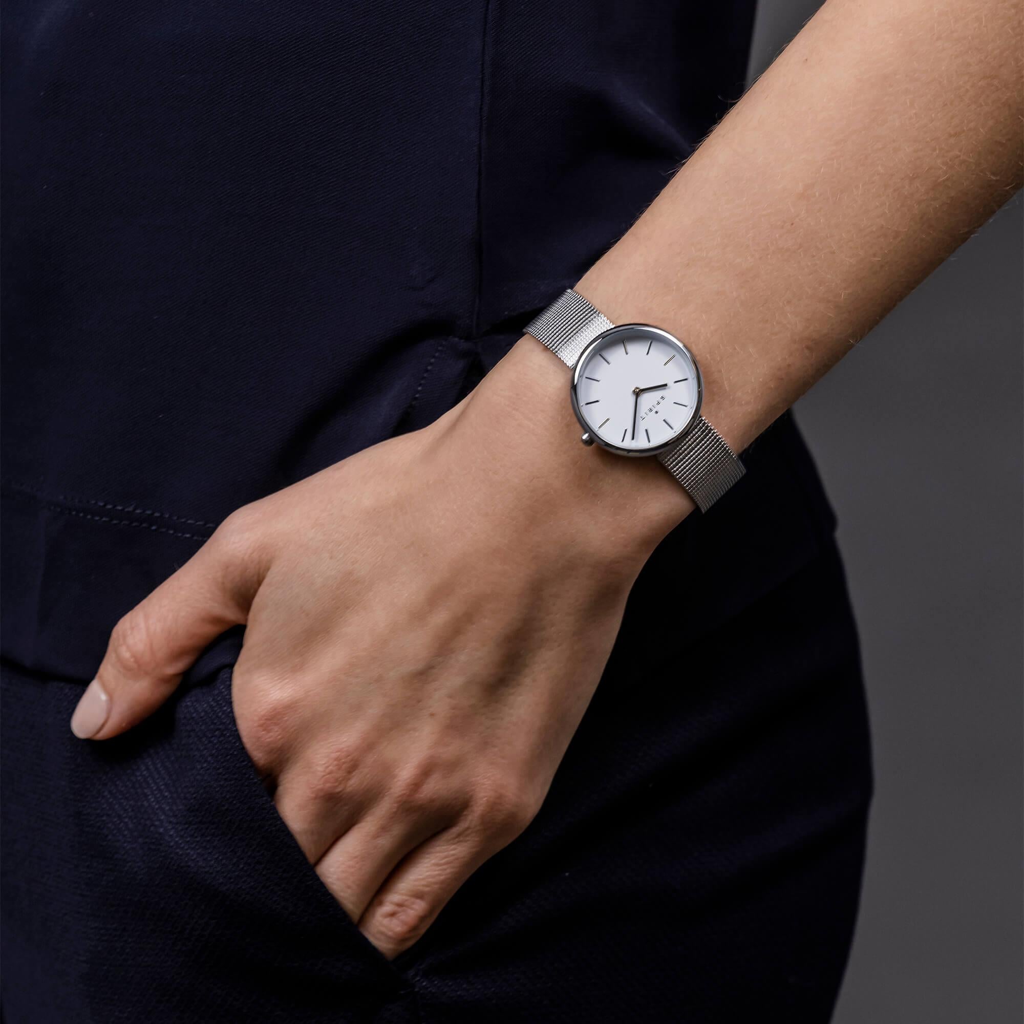 Ladies Polished Silver Stainless Steel Mesh Bracelet Watch