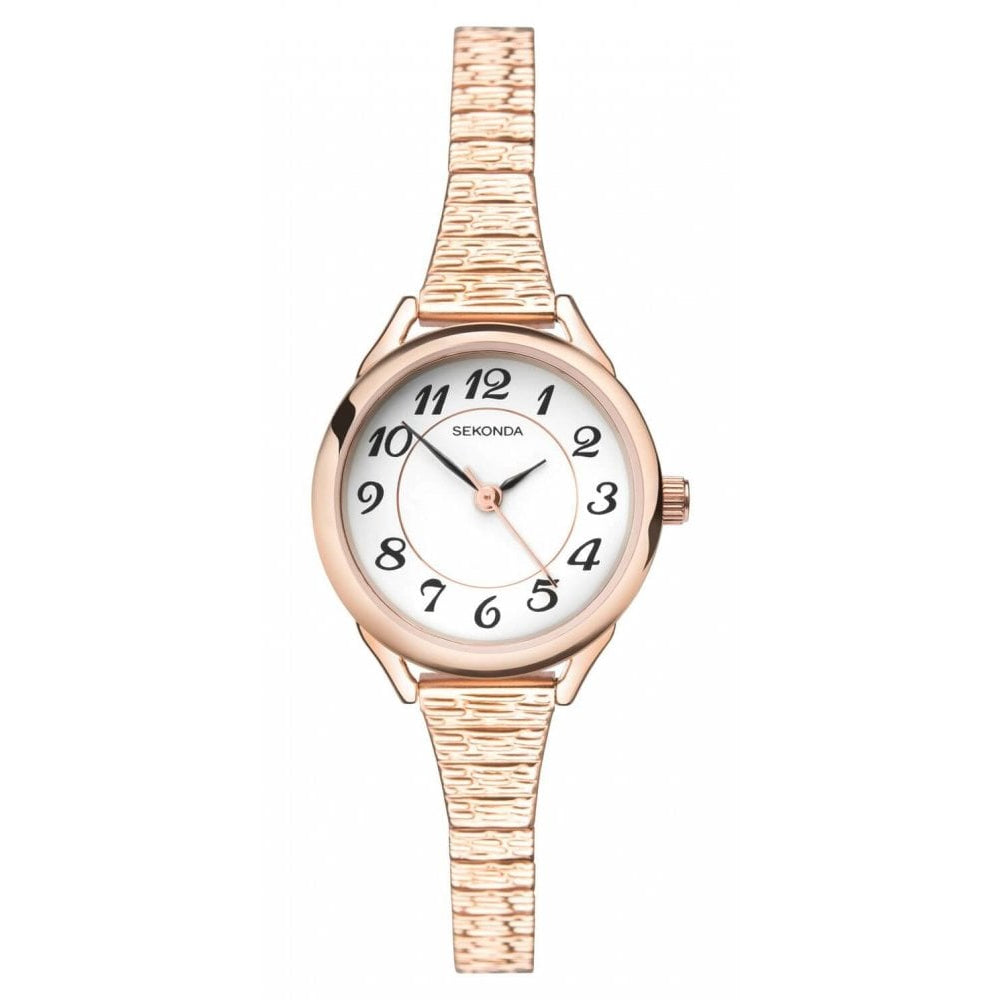 Rose Gold Plated Expander Bracelet Strap & Case With White Dial Ladies Watch