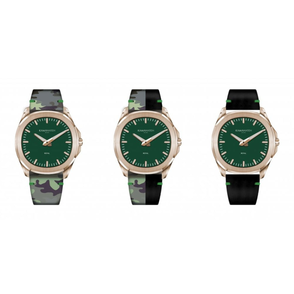 Royal Green Dial & Brown to Green & Grey Camouflage Leather Strap Wristwatch