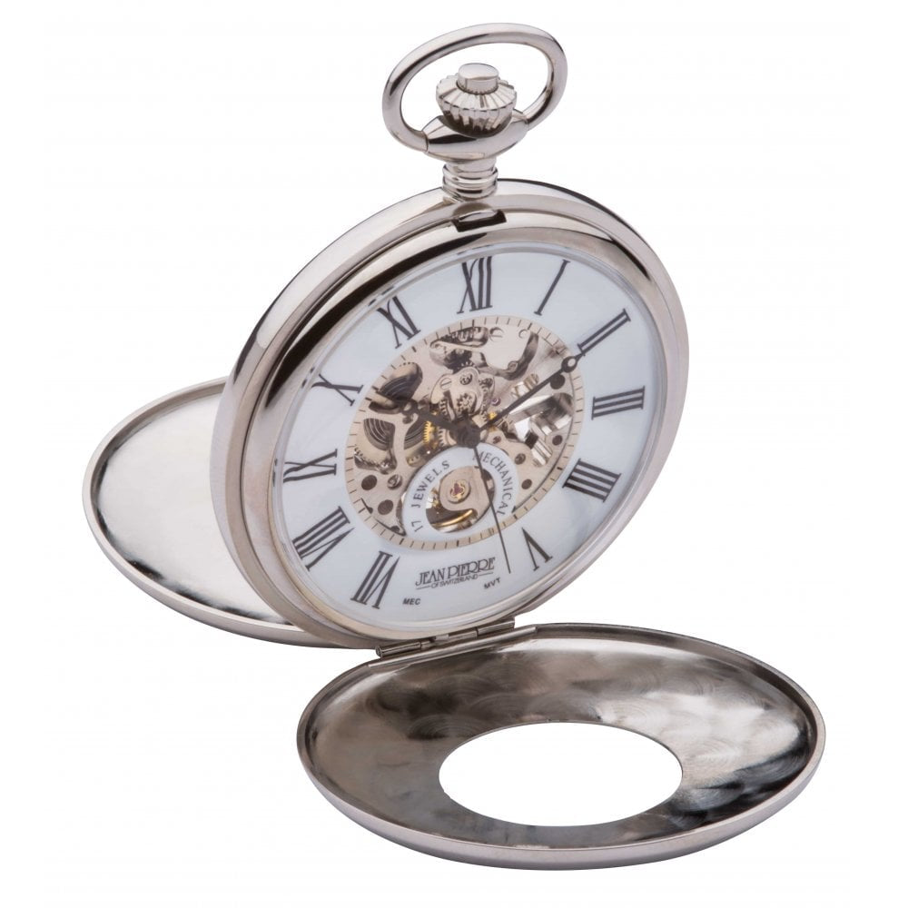 Polished Chrome Mechanical Double Half Hunter Pocket Watch With Heartbeat Window