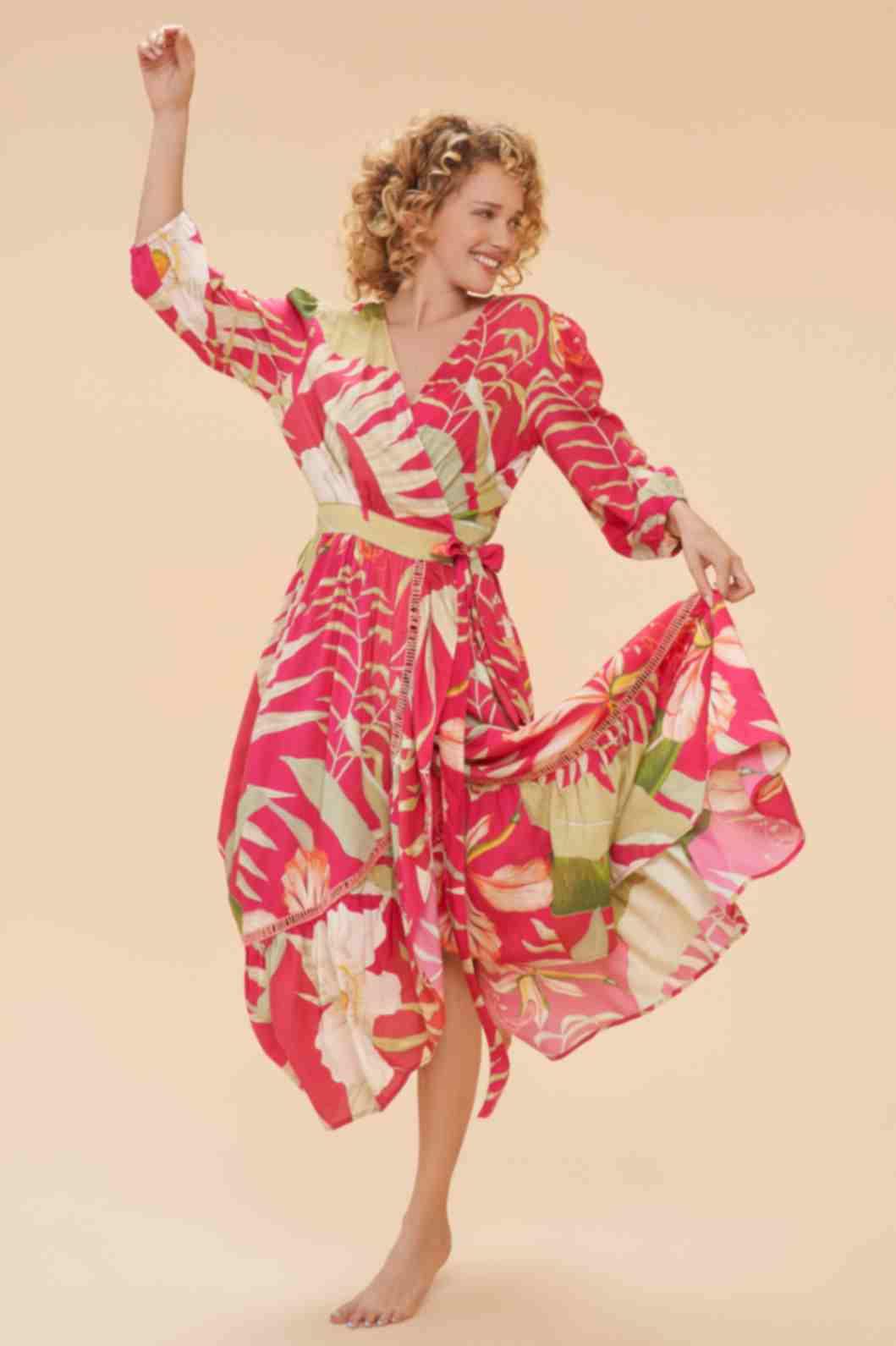 Delicate Tropical Wrap Dress - Dark Rose