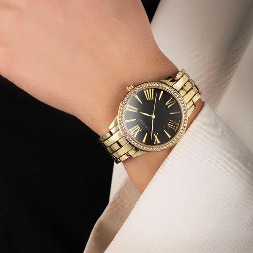 Charlotte Black Dial With Gold Plated Case & Bracelet Strap Ladies Watch