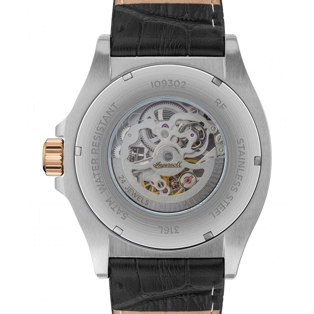 Mens The Orville Automatic Watch with Black Skeleton Dial and Black Leather Strap