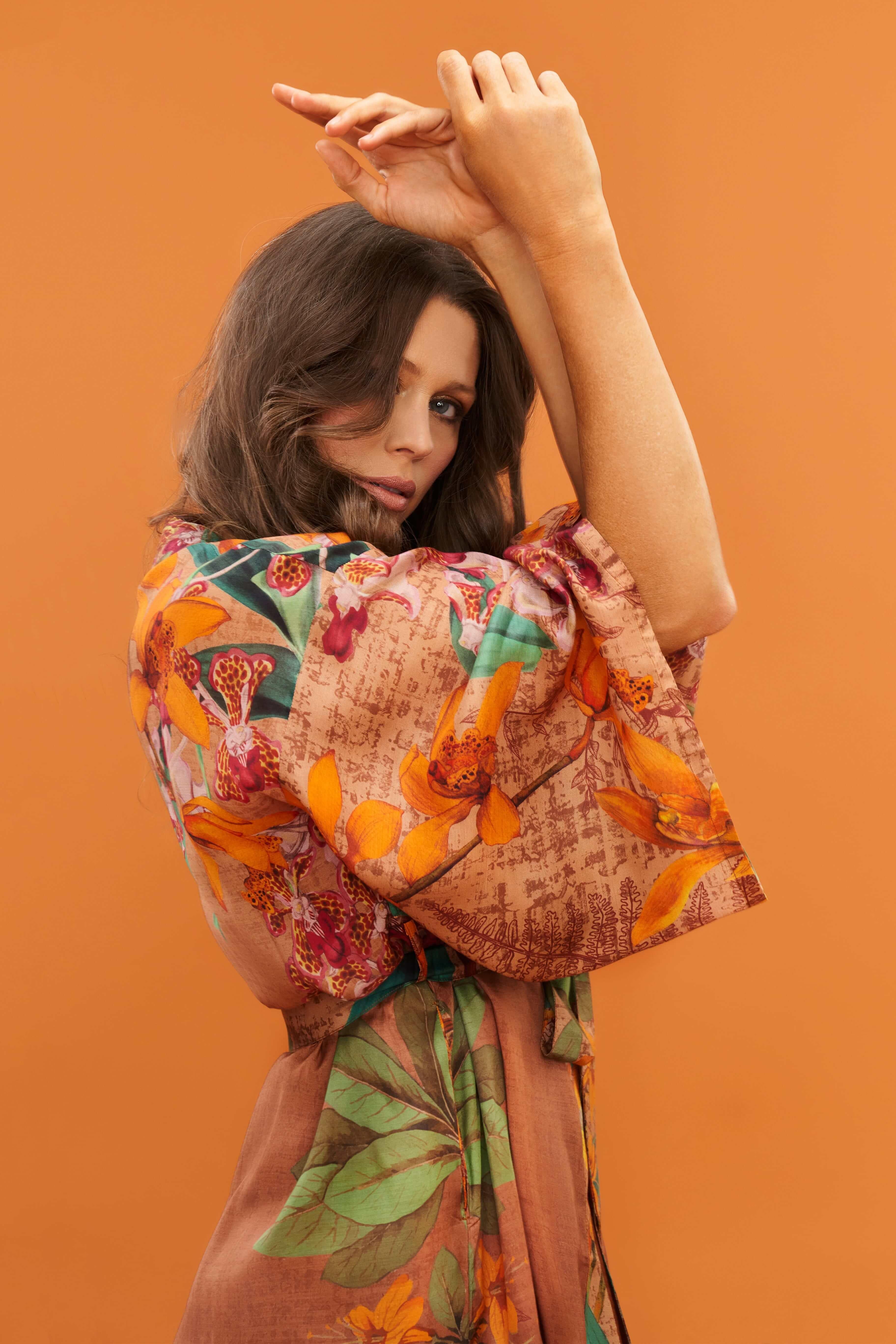 Botany Bliss in Taupe Kimono Gown