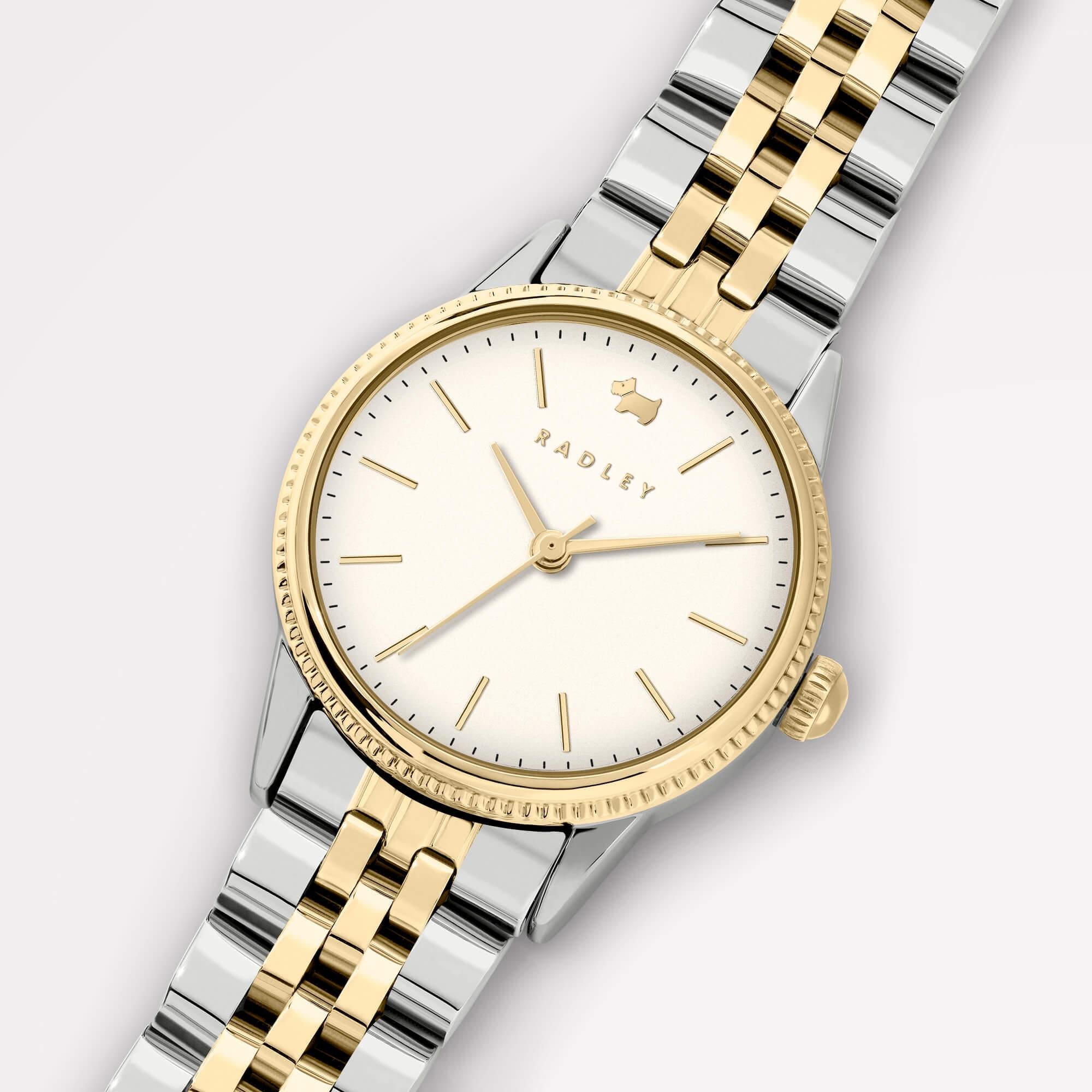 Two Tone Silver & Gold Plated Coin Edge Bezel Bracelet Watch