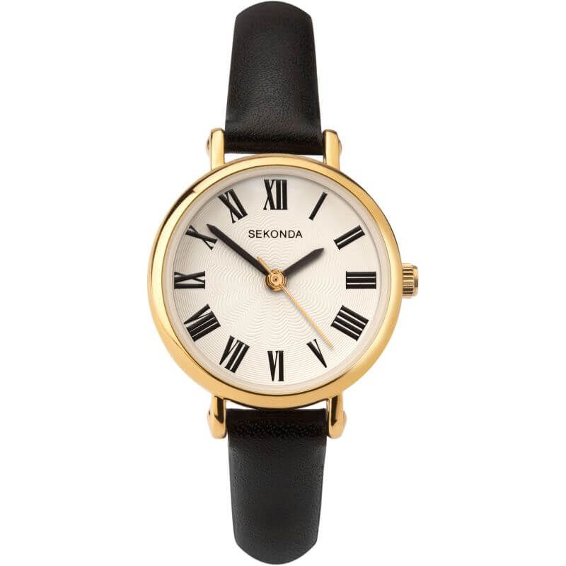 Gold Plated Cream Dial & Black Leather Strap Ladies Watch