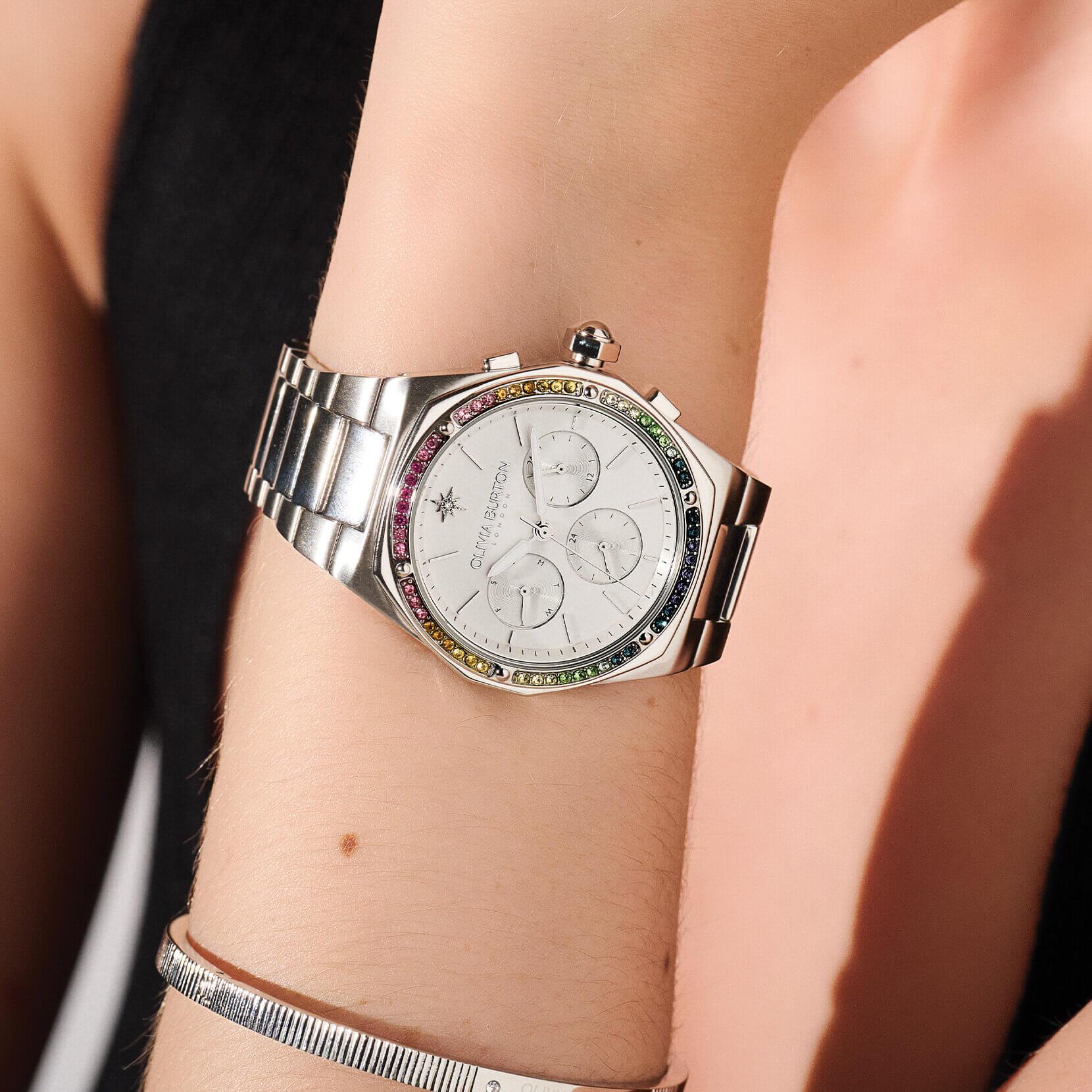 Hexa Multi-Function Rainbow & Silver Bracelet Watch