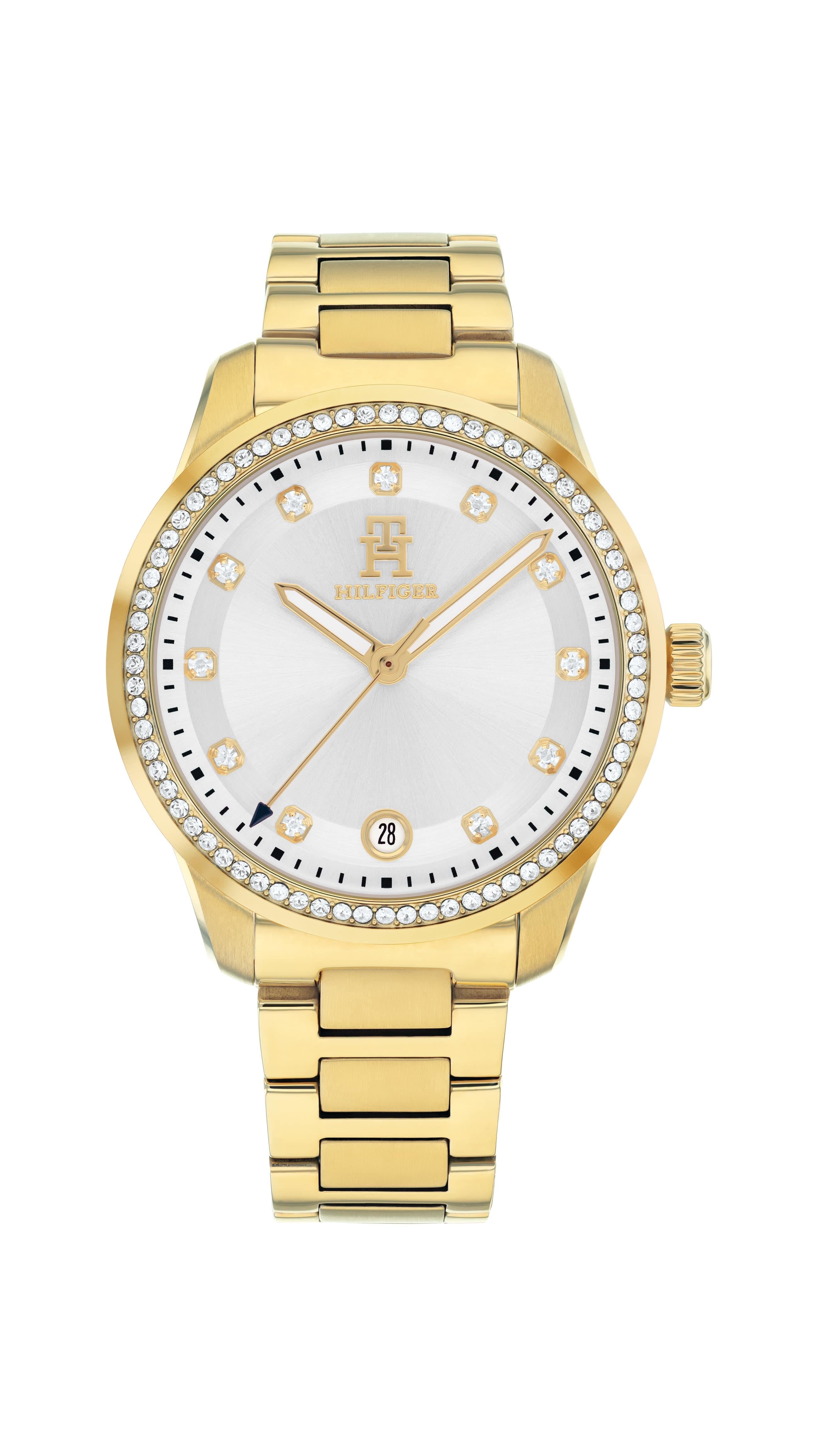 Crystal Set Silver Dial With Gold Plated Bracelet Strap Ladies Watch