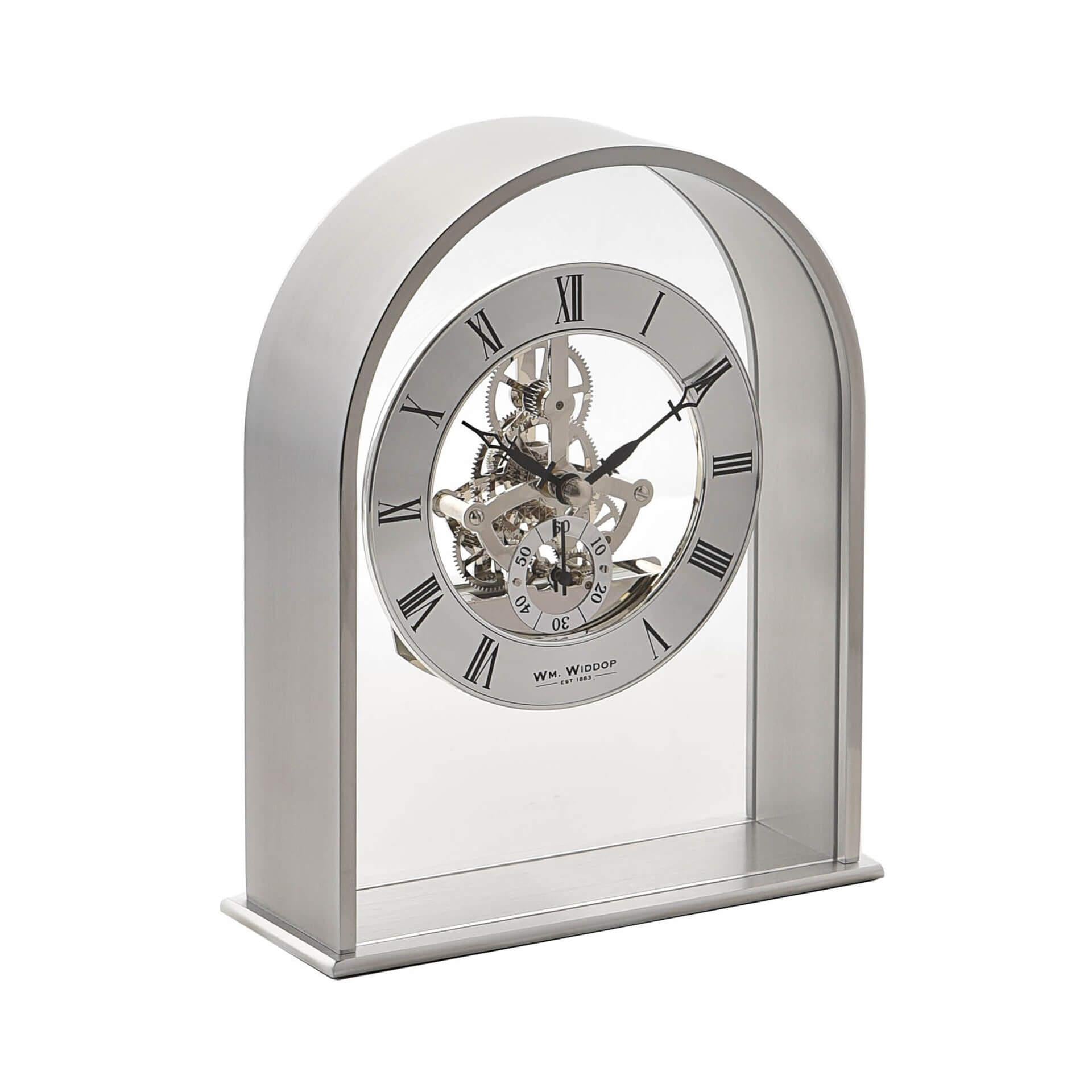 Silver Arch Mantel Clock Skeleton Dial Roman