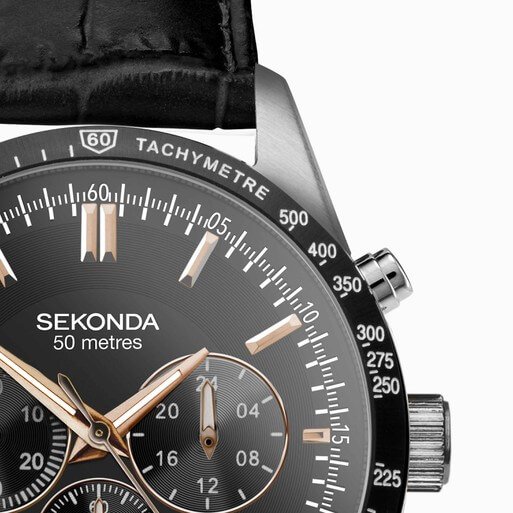 Velocity Chronograph Black Dial & Black Leather Strap Men's Watch
