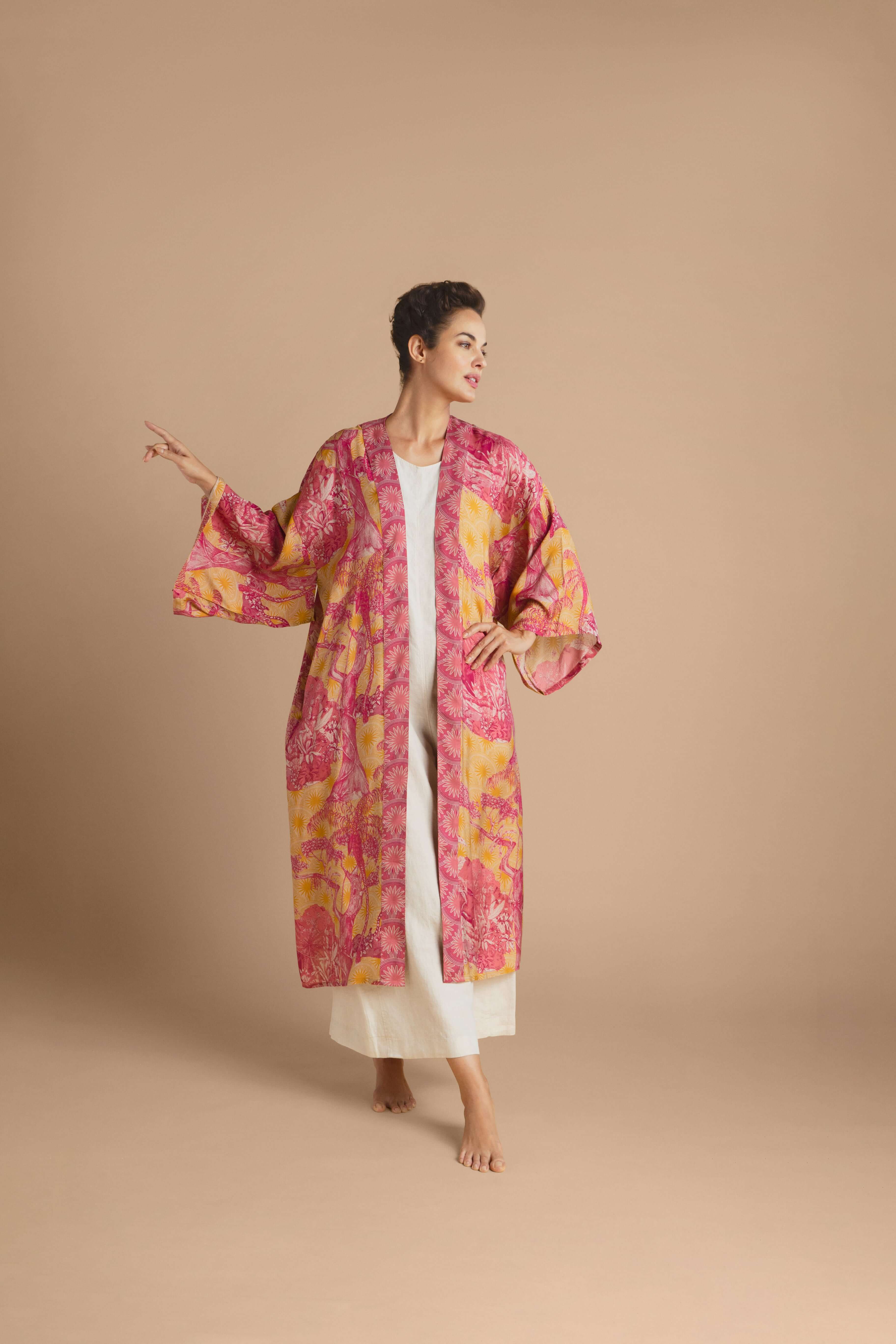 Tropical Toile Kimono Gown - Pineapple & Raspberry