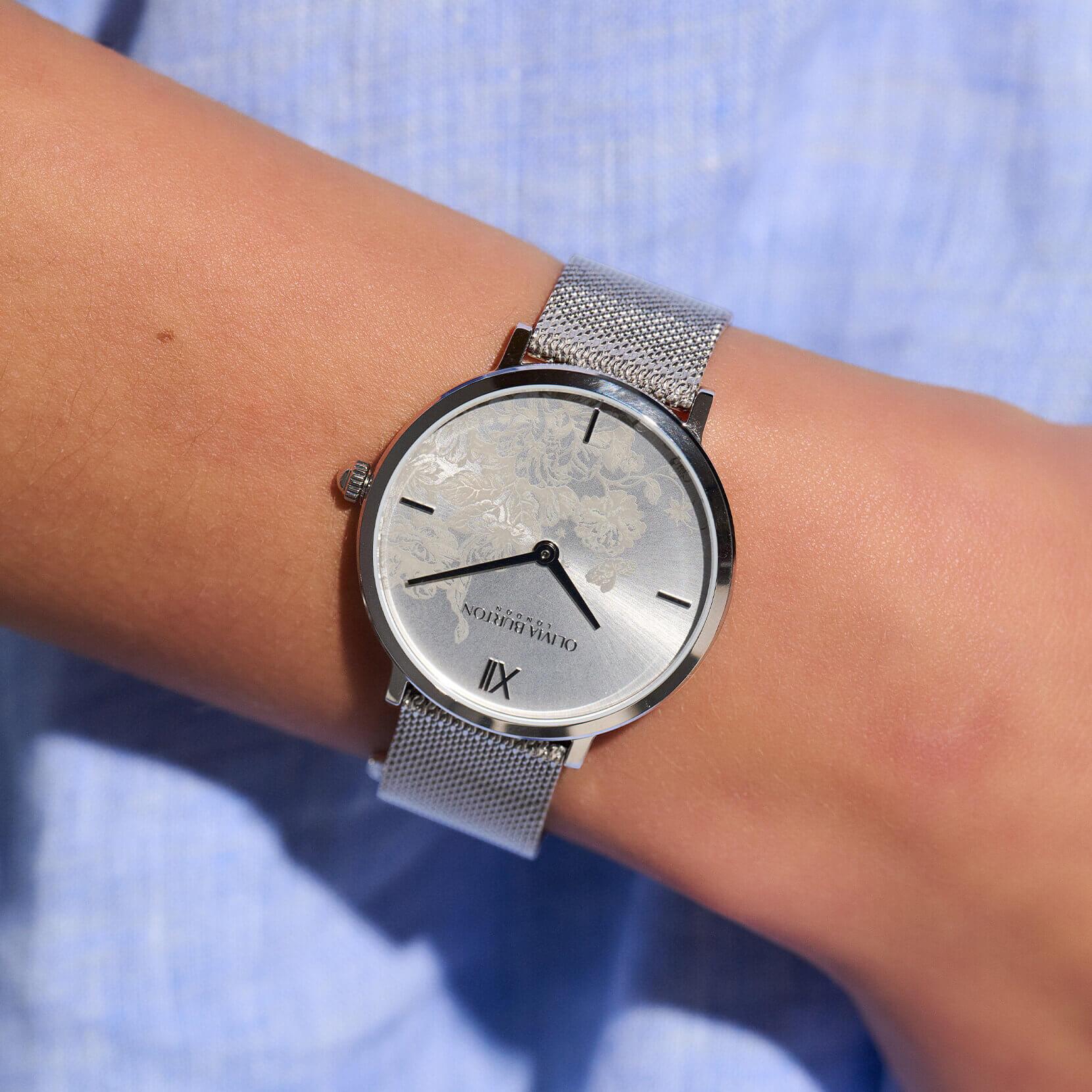 Floral Blooms Ultra Slim Silver Mesh Watch