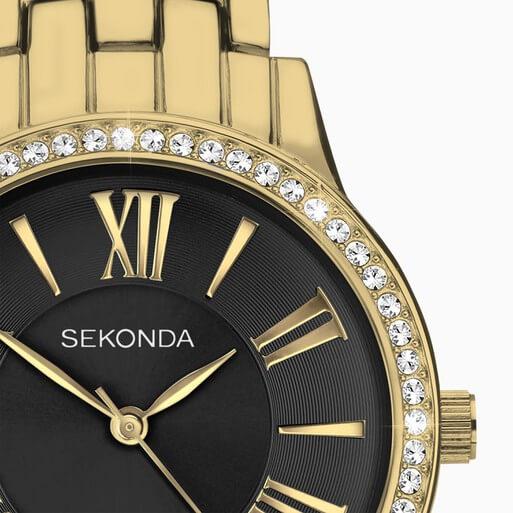 Charlotte Black Dial With Gold Plated Case & Bracelet Strap Ladies Watch