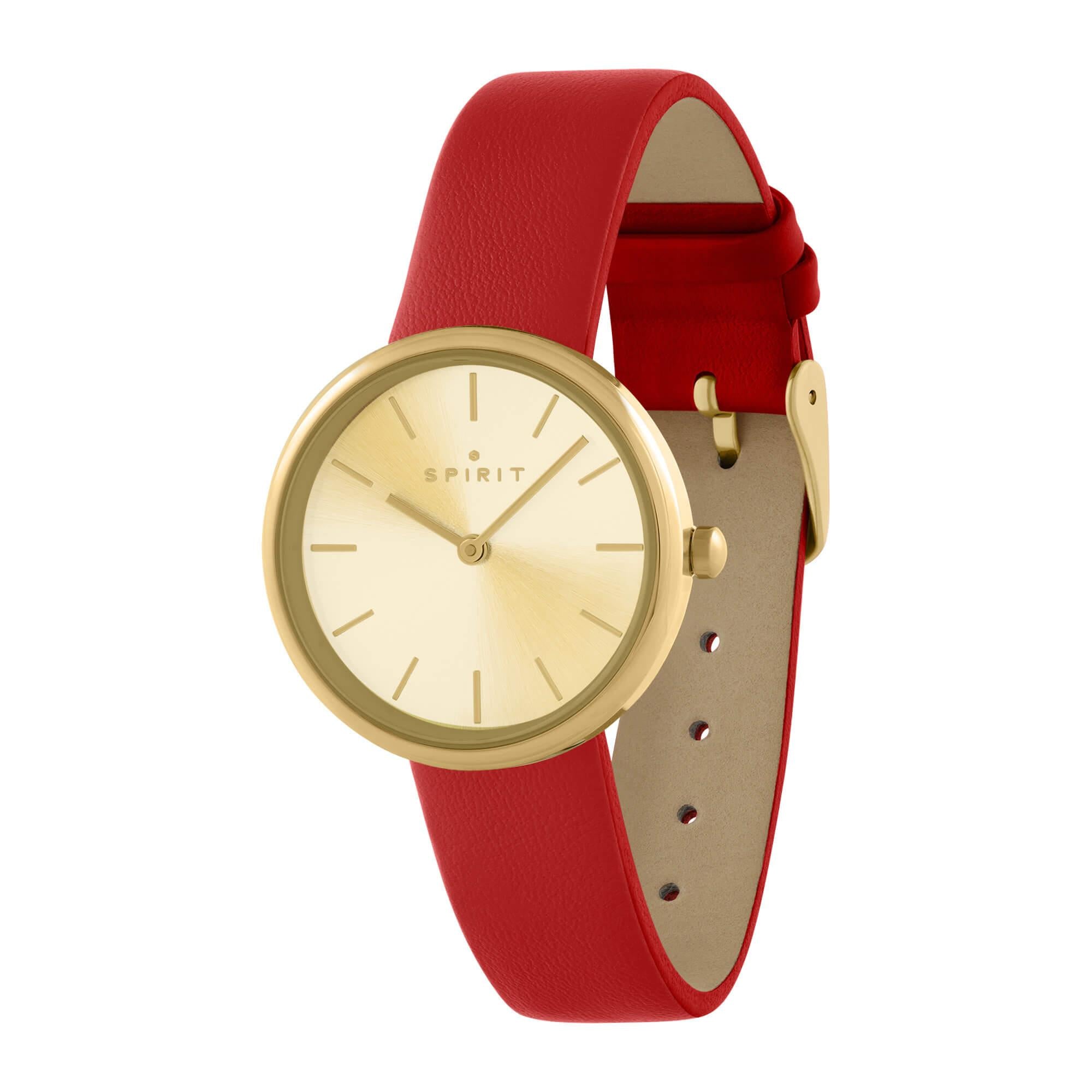 Ladies Polished Pale Gold Slim Strap Leather Watch in Red