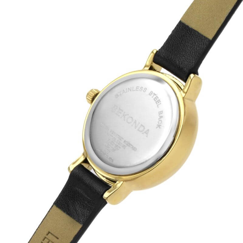 Gold Plated Cream Dial & Black Leather Strap Ladies Watch
