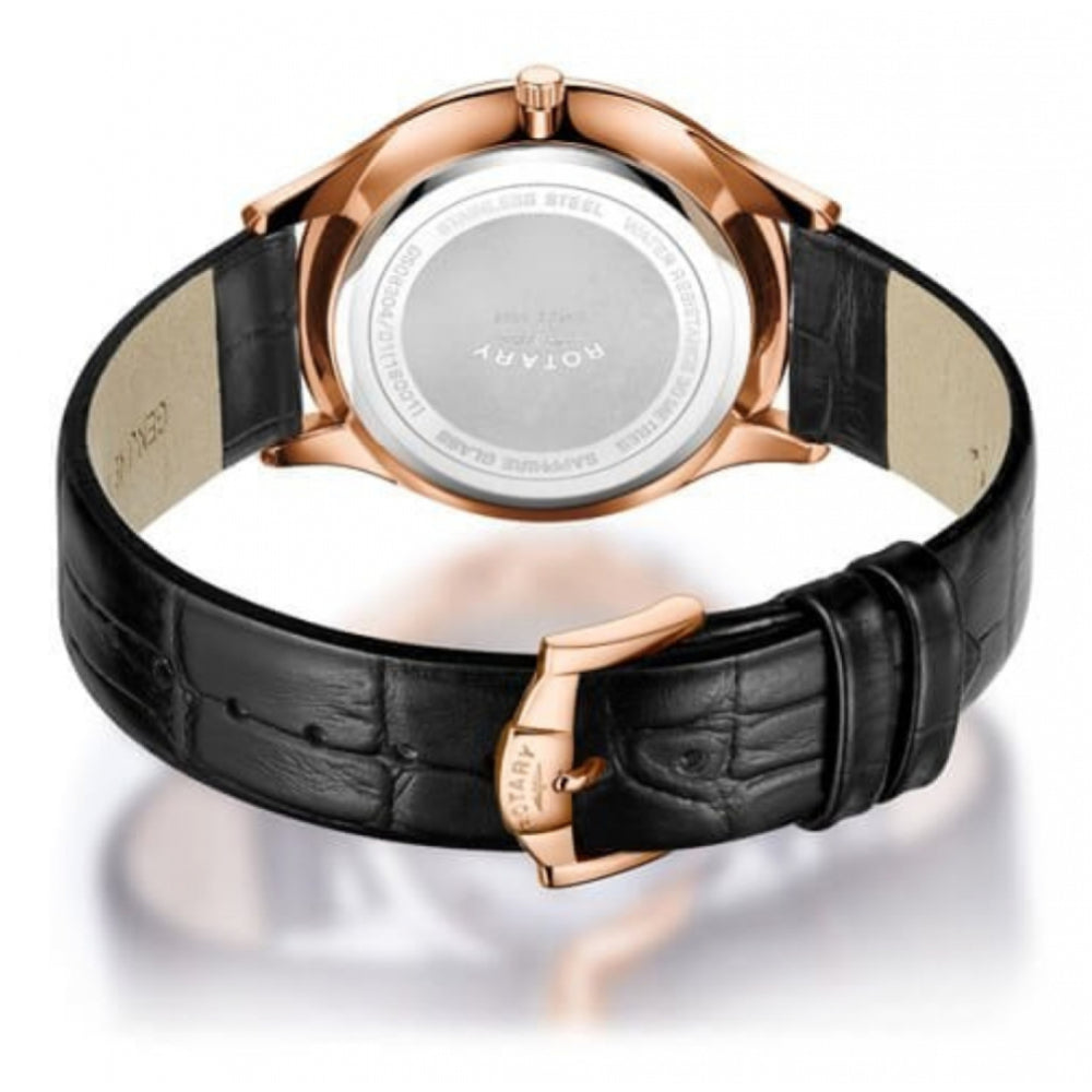 Ultra Slim Rose Gold Tone Stainless Steel White Dial With Black Leather Strap Gents Watch