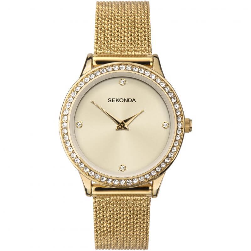 Gold Plated Stone Set Dial & Mesh Bracelet Strap Ladies Watch