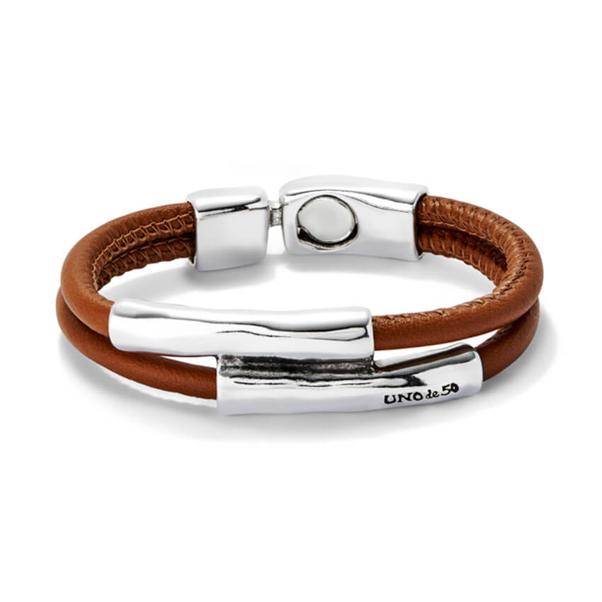 Double Camel Leather Bracelet With Two Silver Plated Tubes