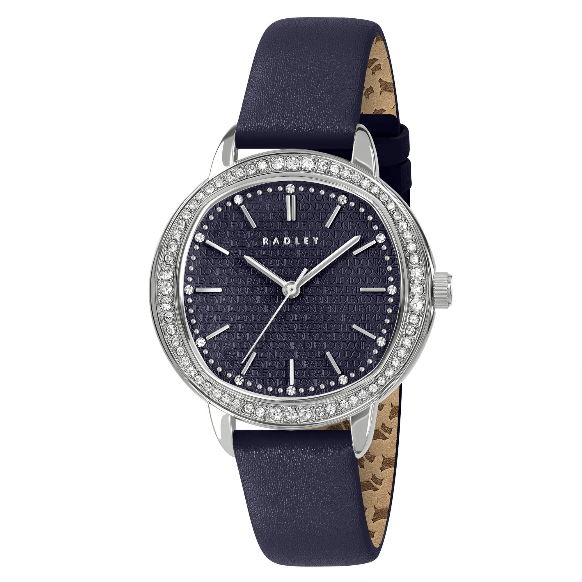 Silver 36mm Stone Set Ink Leather Strap Watch
