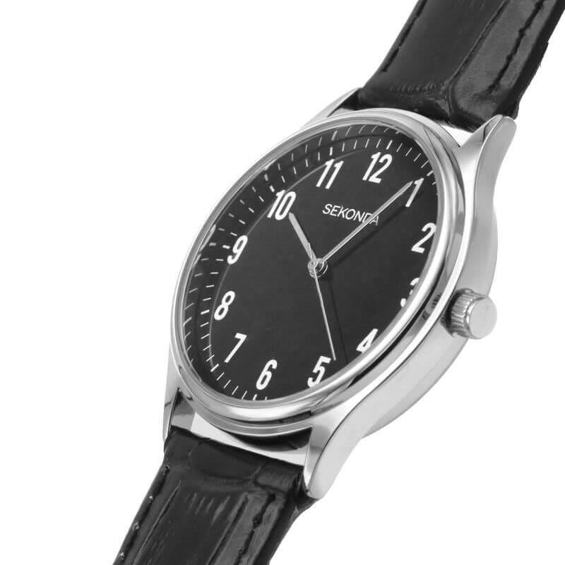 Black Dial SS Case With Black Leather Strap Watch