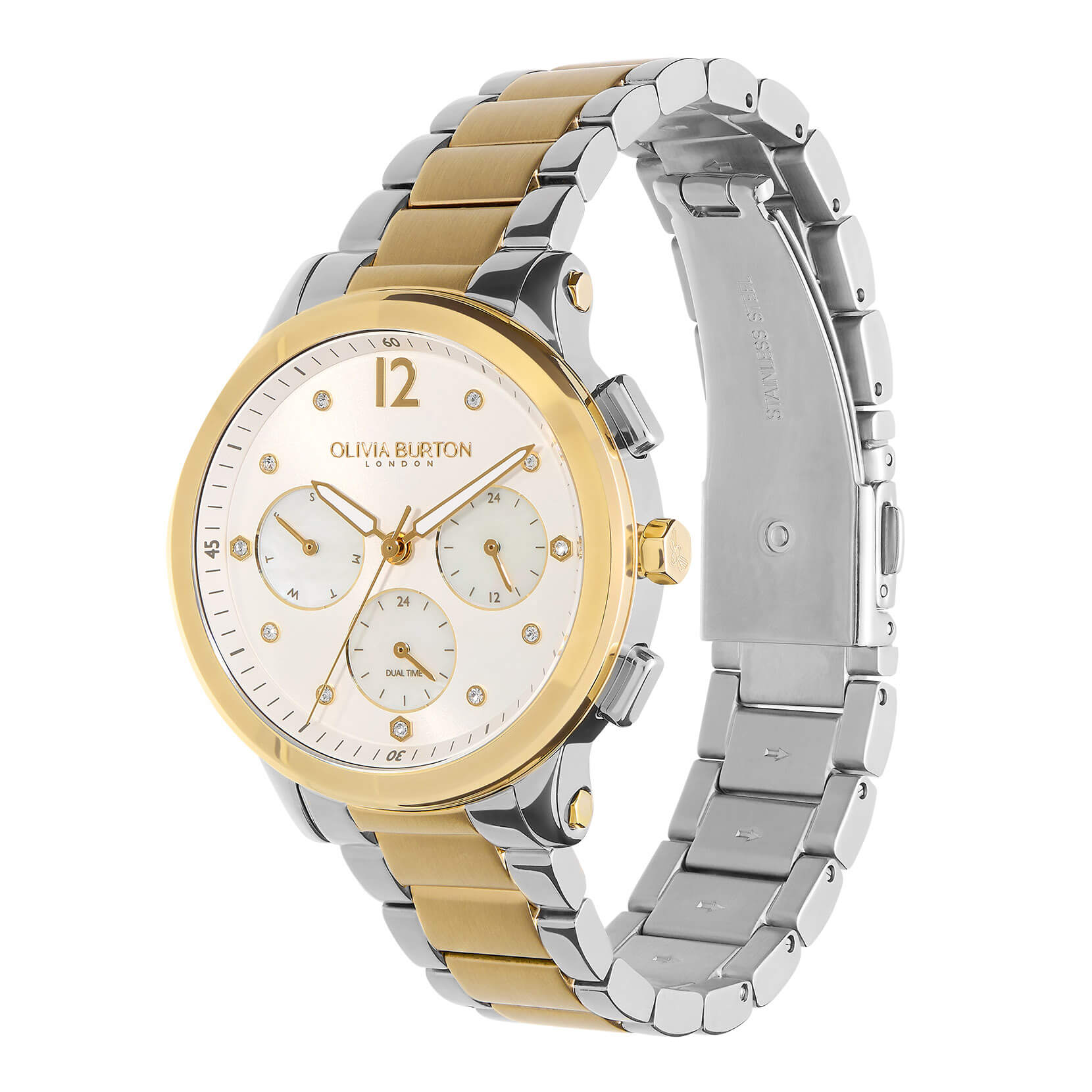 Sports Luxe Multi-Function Metallic White & Two Tone Bracelet Watch