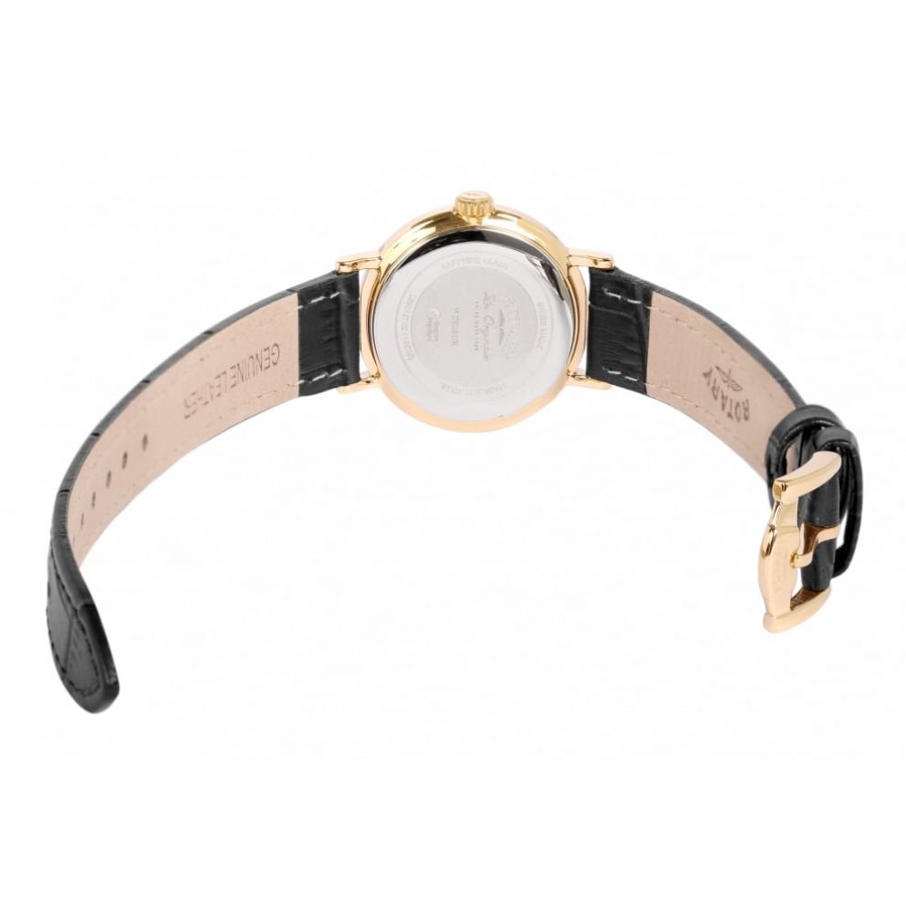 Ladies Gold Plated Black Leather Watch